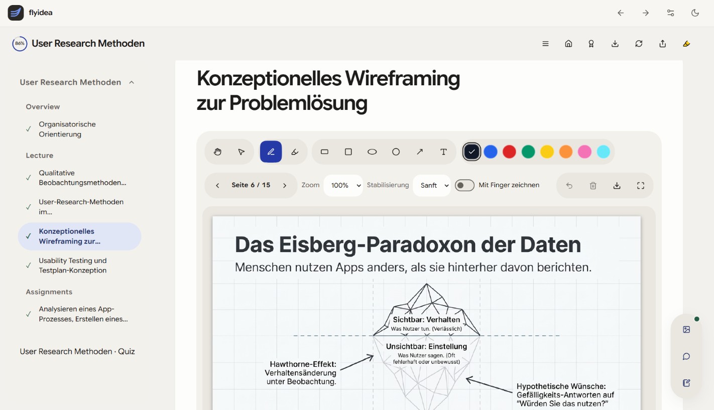 Originalaufnahme der flyidea Windows App im hellen Design: links die Lektionen des Kurses User Research Methoden, rechts die geöffnete Lektion Konzeptionelles Wireframing zur Problemlösung.